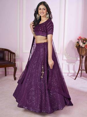 wondrous purple sequined georgette lehenga set choli with dupatta 2