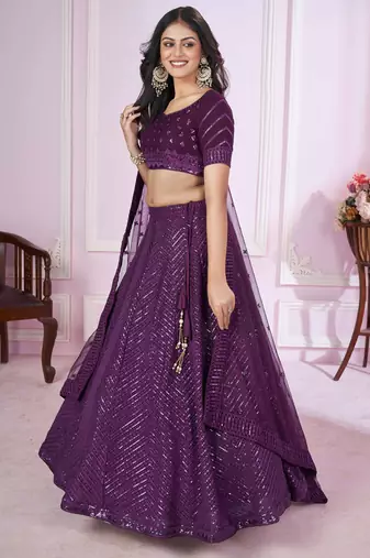 wondrous purple sequined georgette lehenga set choli with dupatta