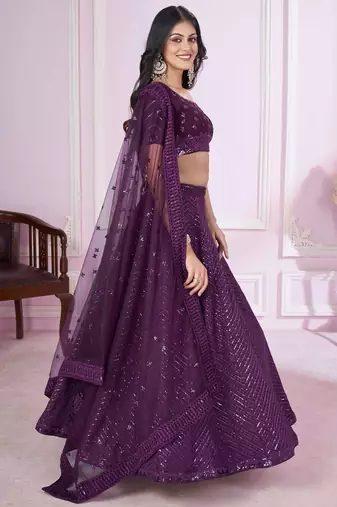 wondrous purple sequined georgette lehenga set choli with dupatta