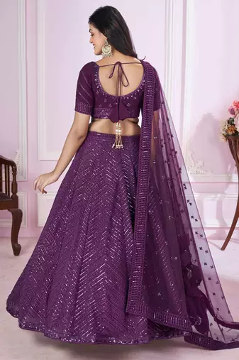 wondrous purple sequined georgette lehenga set choli with dupatta