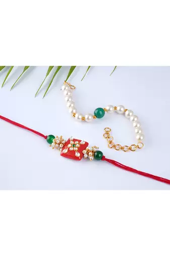 Combo of colorful kundan stone rakhi n pearl bracelet for bhaiya bhabhi / brother, couple pair rakhi
