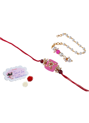 Handcrafted combo of pink kundan stone rakhi n onyx pearl bracelet set for bhaiya,brother, couple pair rakhi set 1