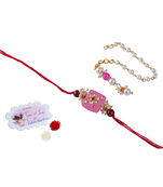 Handcrafted combo of pink kundan stone rakhi n onyx pearl bracelet set for bhaiya,brother, couple pair rakhi set