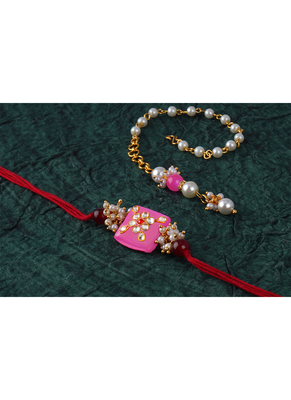 Handcrafted combo of pink kundan stone rakhi n onyx pearl bracelet set for bhaiya,brother, couple pair rakhi set 2