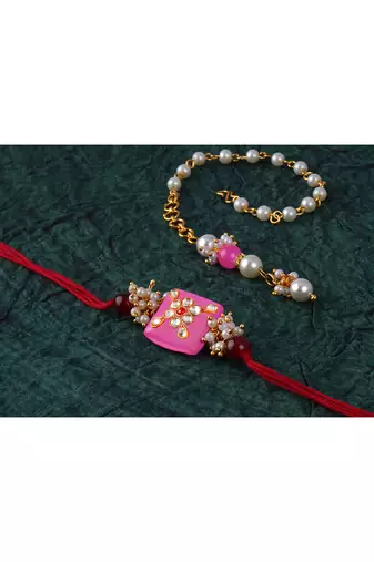 Handcrafted combo of pink kundan stone rakhi n onyx pearl bracelet set for bhaiya,brother, couple pair rakhi set