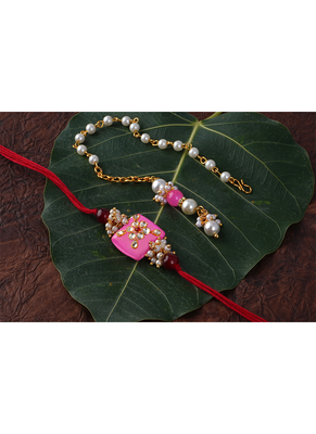 Handcrafted combo of pink kundan stone rakhi n onyx pearl bracelet set for bhaiya,brother, couple pair rakhi set 3