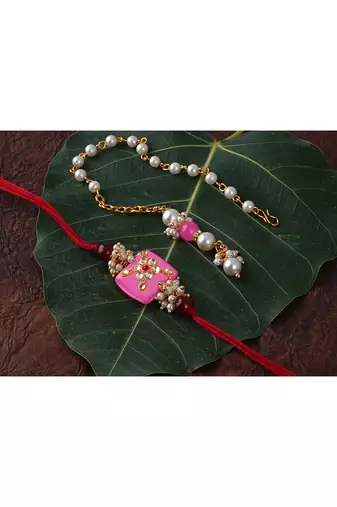 Handcrafted combo of pink kundan stone rakhi n onyx pearl bracelet set for bhaiya,brother, couple pair rakhi set