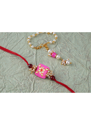 Handcrafted combo of pink kundan stone rakhi n onyx pearl bracelet set for bhaiya,brother, couple pair rakhi set 4