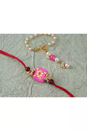 Handcrafted combo of pink kundan stone rakhi n onyx pearl bracelet set for bhaiya,brother, couple pair rakhi set