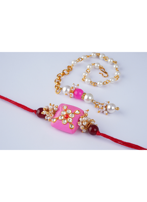 Handcrafted combo of pink kundan stone rakhi n onyx pearl bracelet set for bhaiya,brother, couple pair rakhi set 5