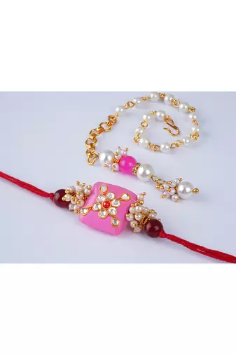 Handcrafted combo of pink kundan stone rakhi n onyx pearl bracelet set for bhaiya,brother, couple pair rakhi set