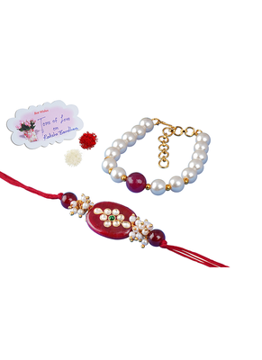 Handcrafted combo of colorful kundan stone rakhi n maroon pearl bracelet for bhaiya brother, couple pair rakhi 1