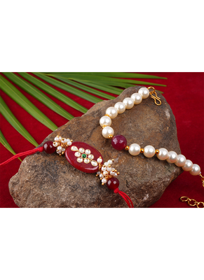 Handcrafted combo of colorful kundan stone rakhi n maroon pearl bracelet for bhaiya brother, couple pair rakhi 2
