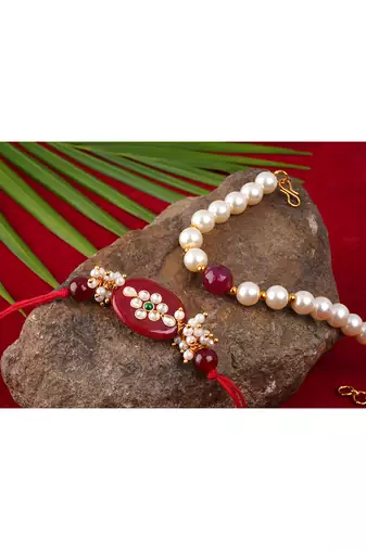 Handcrafted combo of colorful kundan stone rakhi n maroon pearl bracelet for bhaiya brother, couple pair rakhi