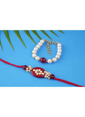 Handcrafted combo of colorful kundan stone rakhi n maroon pearl bracelet for bhaiya brother, couple pair rakhi 3