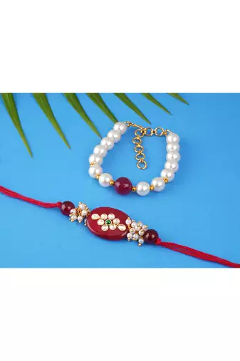 Handcrafted combo of colorful kundan stone rakhi n maroon pearl bracelet for bhaiya brother, couple pair rakhi