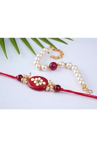 Handcrafted combo of colorful kundan stone rakhi n maroon pearl bracelet for bhaiya brother, couple pair rakhi