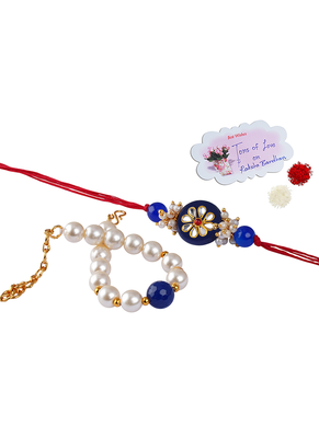 Handcrafted combo of colorful kundan stone rakhi/cluster pearl green bead bracelet ,couple pair set 1