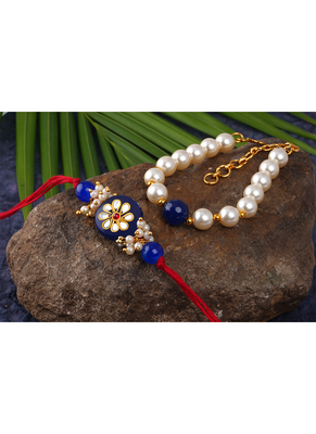 Handcrafted combo of colorful kundan stone rakhi/cluster pearl green bead bracelet ,couple pair set 2