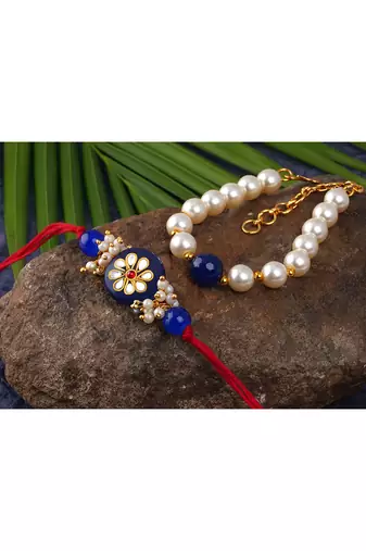 Handcrafted combo of colorful kundan stone rakhi/cluster pearl green bead bracelet ,couple pair set