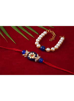 Handcrafted combo of colorful kundan stone rakhi/cluster pearl green bead bracelet ,couple pair set 3