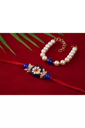 Handcrafted combo of colorful kundan stone rakhi/cluster pearl green bead bracelet ,couple pair set