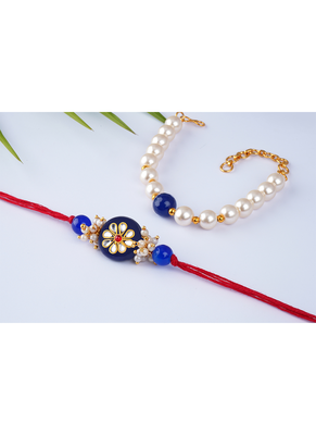 Handcrafted combo of colorful kundan stone rakhi/cluster pearl green bead bracelet ,couple pair set 4