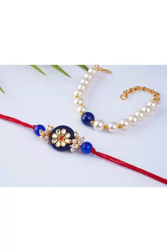 Handcrafted combo of colorful kundan stone rakhi/cluster pearl green bead bracelet ,couple pair set