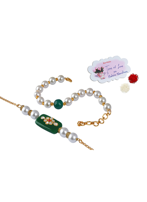 Handcrafted combo of green kundan stone rakhi green onyx pearl bracelet rakhi set couple pair set 1