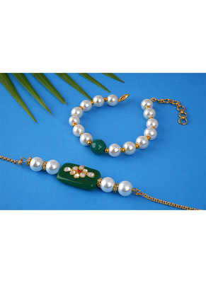 Handcrafted combo of green kundan stone rakhi green onyx pearl bracelet rakhi set couple pair set 2