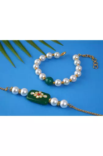 Handcrafted combo of green kundan stone rakhi green onyx pearl bracelet rakhi set couple pair set