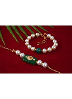 Handcrafted combo of green kundan stone rakhi green onyx pearl bracelet rakhi set couple pair set 3