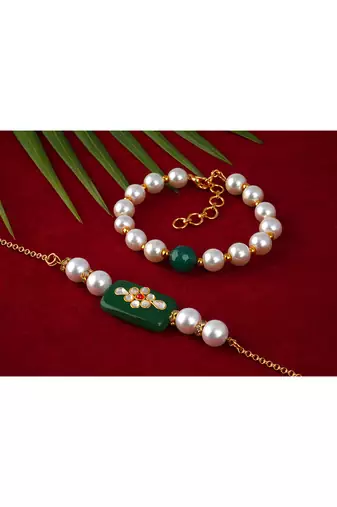 Handcrafted combo of green kundan stone rakhi green onyx pearl bracelet rakhi set couple pair set
