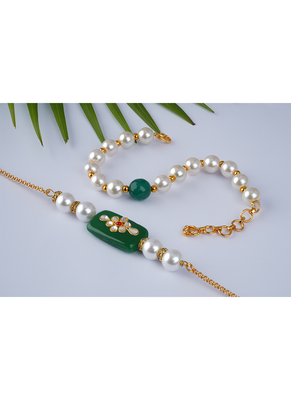 Handcrafted combo of green kundan stone rakhi green onyx pearl bracelet rakhi set couple pair set 4