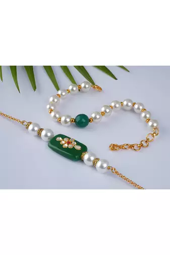 Handcrafted combo of green kundan stone rakhi green onyx pearl bracelet rakhi set couple pair set