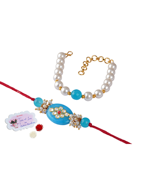 Combo of turquoise blue kundan stone rakhi n onyx pearl bracelet set for bhaiya,brother,couple pair rakhi 1