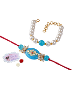Combo of turquoise blue kundan stone rakhi n onyx pearl bracelet set for bhaiya,brother,couple pair rakhi