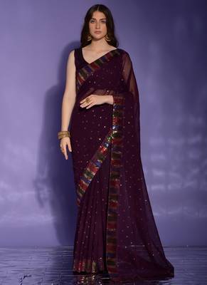 Wine Georgette Sequence Party Wear Saree 1