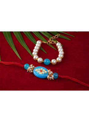 Combo of turquoise blue kundan stone rakhi n onyx pearl bracelet set for bhaiya,brother,couple pair rakhi 2