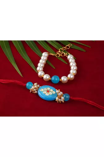 Combo of turquoise blue kundan stone rakhi n onyx pearl bracelet set for bhaiya,brother,couple pair rakhi