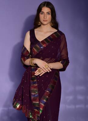 Wine Georgette Sequence Party Wear Saree 2