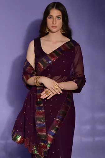 Wine Georgette Sequence Party Wear Saree