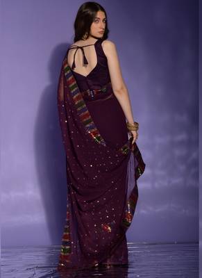 Wine Georgette Sequence Party Wear Saree 3