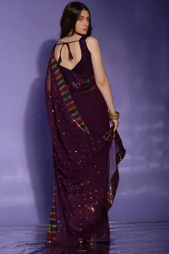 Wine Georgette Sequence Party Wear Saree