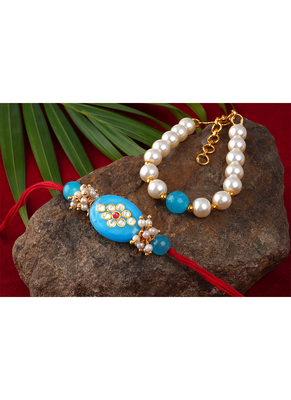 Combo of turquoise blue kundan stone rakhi n onyx pearl bracelet set for bhaiya,brother,couple pair rakhi 3