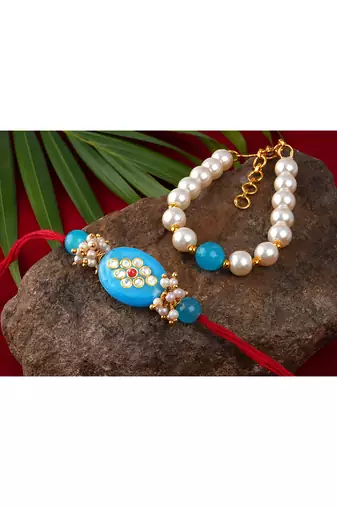Combo of turquoise blue kundan stone rakhi n onyx pearl bracelet set for bhaiya,brother,couple pair rakhi