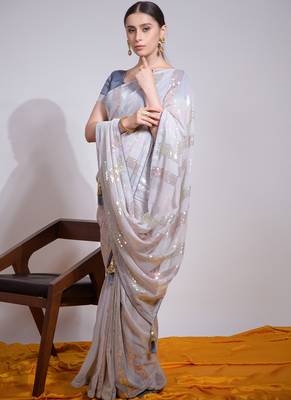 Off White Georgette Sequence Party Wear Saree 1