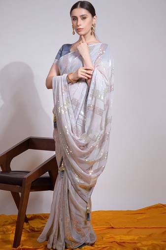 Off White Georgette Sequence Party Wear Saree