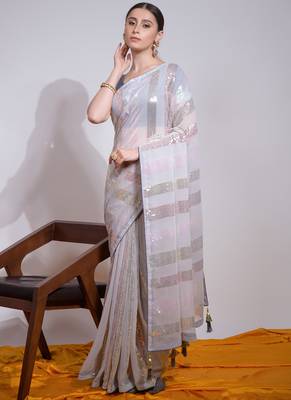 Off White Georgette Sequence Party Wear Saree 2
