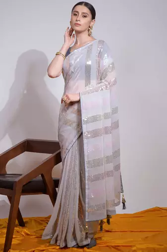 Off White Georgette Sequence Party Wear Saree